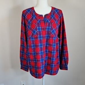 Duluth LG Button Up Plaid Flannnel Blue Red Cotton Band Collar Cabin Core